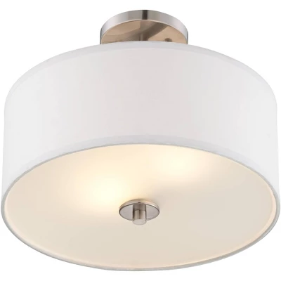 Possini Euro Design Halsted Modern Ceiling Light Semi Flush Mount Fixture 15" Wide Brushed Nickel 2-Light Oatmeal Linen Drum For Bedroom Living Room 4 Possini Euro Design Halsted Modern Ceiling Light Semi Flush Mount Fixture 15" Wide Brushed Nickel 2-Light Oatmeal Linen Drum For Bedroom Living Room - Image 4