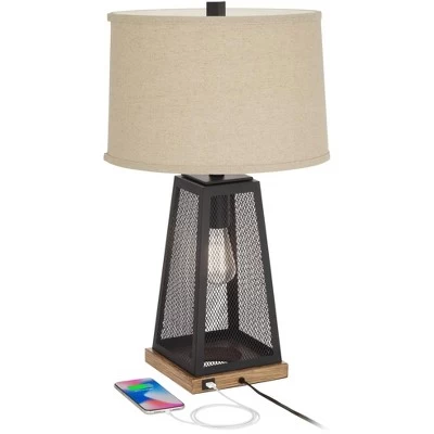 Franklin Iron Works Barris Industrial Table Lamp 26 3/4" High Metal Mesh With Nightlight LED USB Charging Port Burlap Shade For Living Room House Desk 2 Franklin Iron Works Barris Industrial Table Lamp 26 3/4" High Metal Mesh With Nightlight LED USB Charging Port Burlap Shade For Living Room House Desk - Image 2