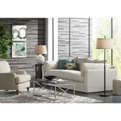 Possini Euro Design Cosgrove Modern Mid Century Table Lamp 26 1/2" High White Glazed Ceramic Light Brown Linen Drum Shade For Bedroom Living Room Home -Light Up Deals Store GUEST ffd25a4f a7ba 4a02 a4d9 7f06db03c19a